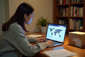 Femme suivant le statut de son colis China Post sur un ordinateur portable depuis son bureau à domicile