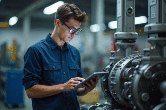 Jeune technicien en atelier industriel examine un composant