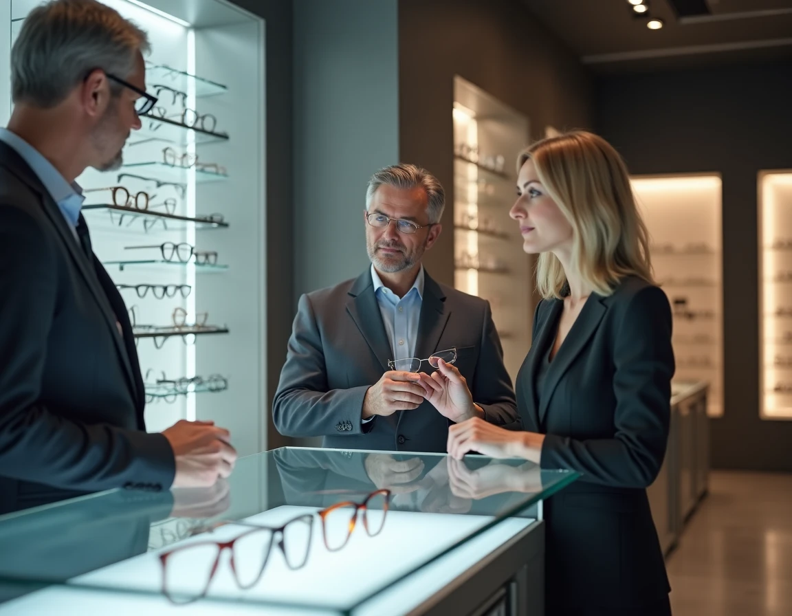 Thierry Caillat Opticiens à Lyon, optician présentant une monture en titane haut de gamme dans une boutique contemporaine et épurée