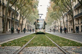 Tramway de Nantes traversant un boulevard arboré avec immeubles haussmanniens et cyclistes en arrière-plan