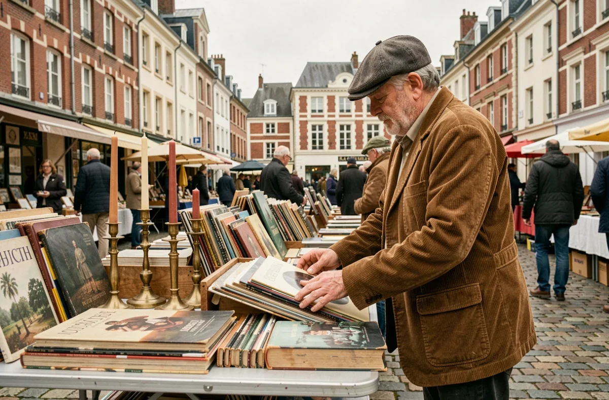 Vendeur brocanteur arrangeant ses objets vintage sur une place pavée du nord de la France lors du marché Sabradou
