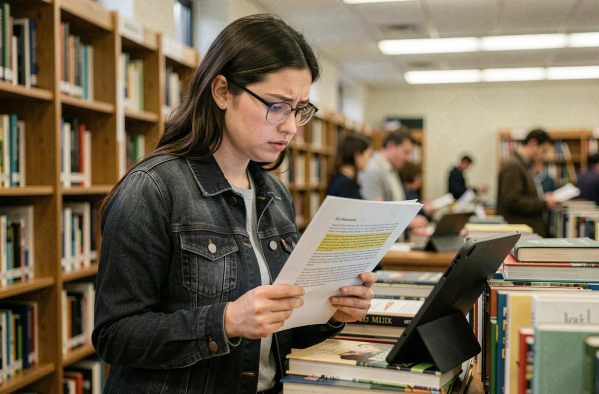 Jeune femme vérifiant des sources d'information dans une bibliothèque, comparant un document imprimé à un contenu numérique sur tablette