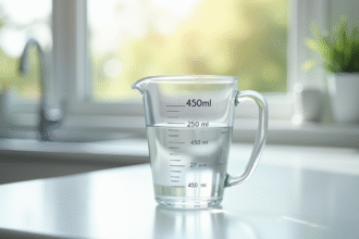 Verre mesureur rempli d'eau sur plan de cuisine lumineux