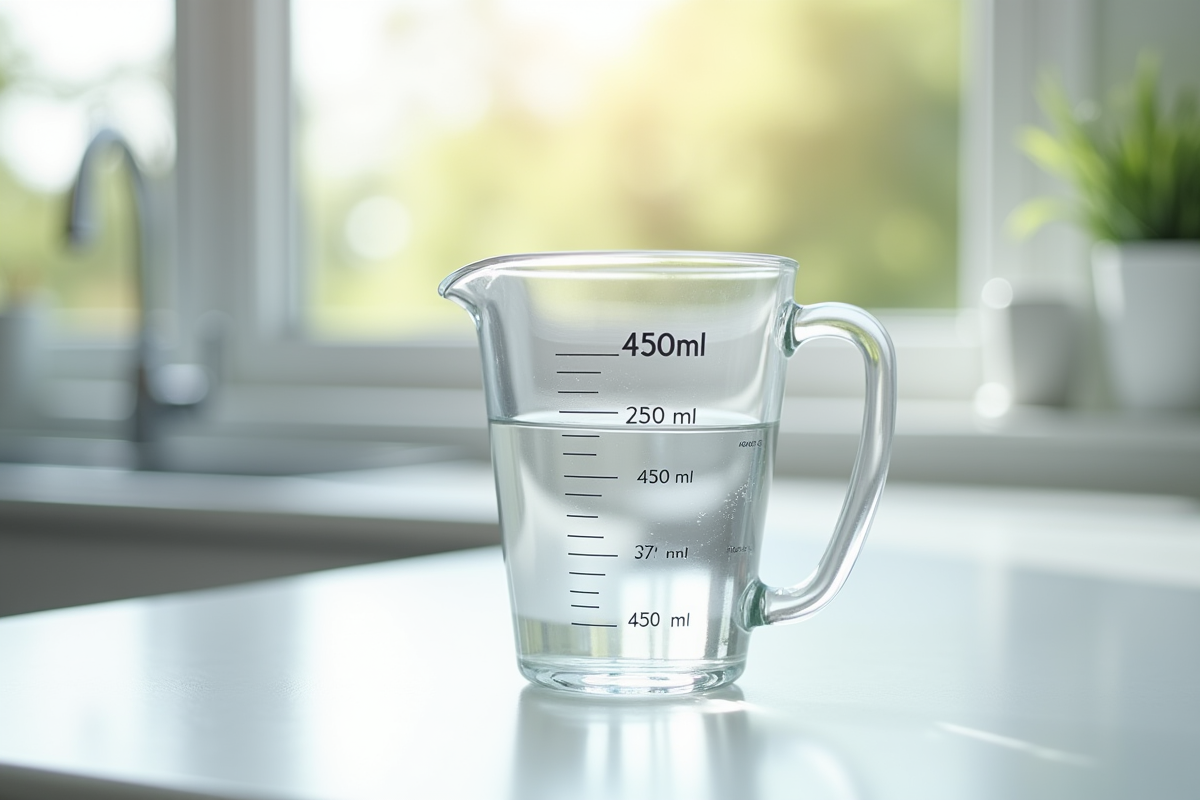 Verre mesureur rempli d'eau sur plan de cuisine lumineux