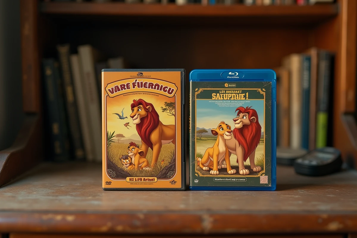 Cassette VHS vintage et Blu-ray du Roi Lion en version française côte à côte sur un bureau en bois, comparaison des éditions françaises