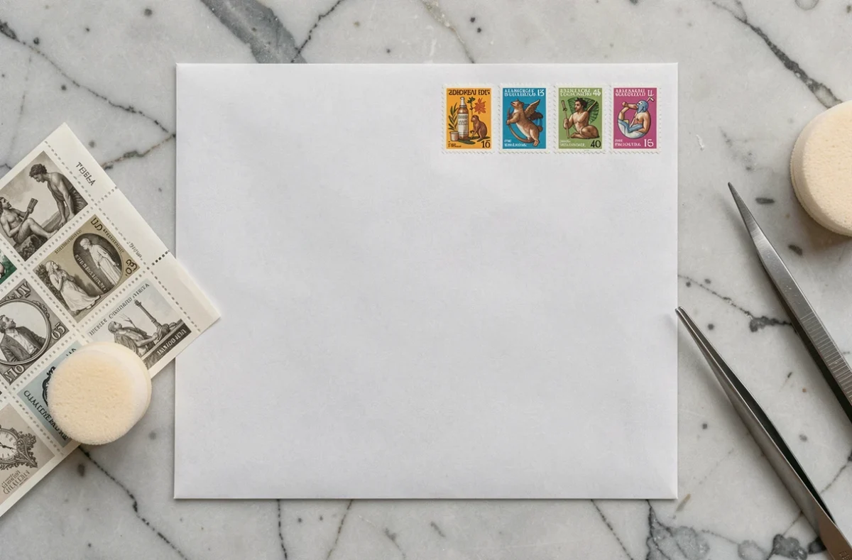 Vue de dessus d'une enveloppe avec quatre timbres alignés dans le coin supérieur droit sur une surface en marbre, avec pinces et éponge