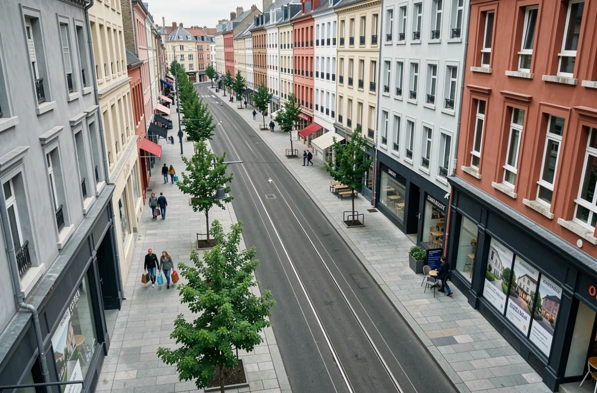 Vue en hauteur d'un quartier de Nantes avec rails de tramway, commerces et immeubles rénovés en bord de ligne