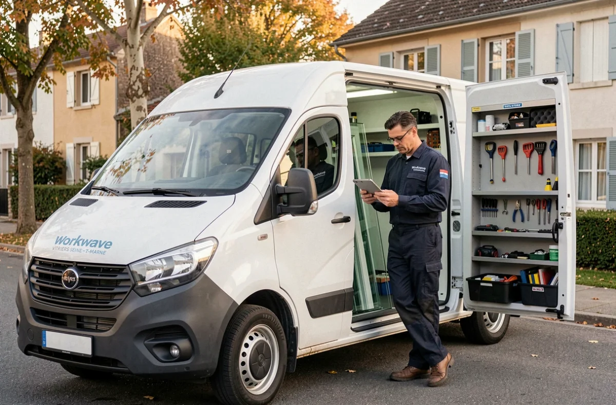 Technicien Workwave Vitriers Seine-et-Marne vérifiant ses missions sur tablette devant son véhicule