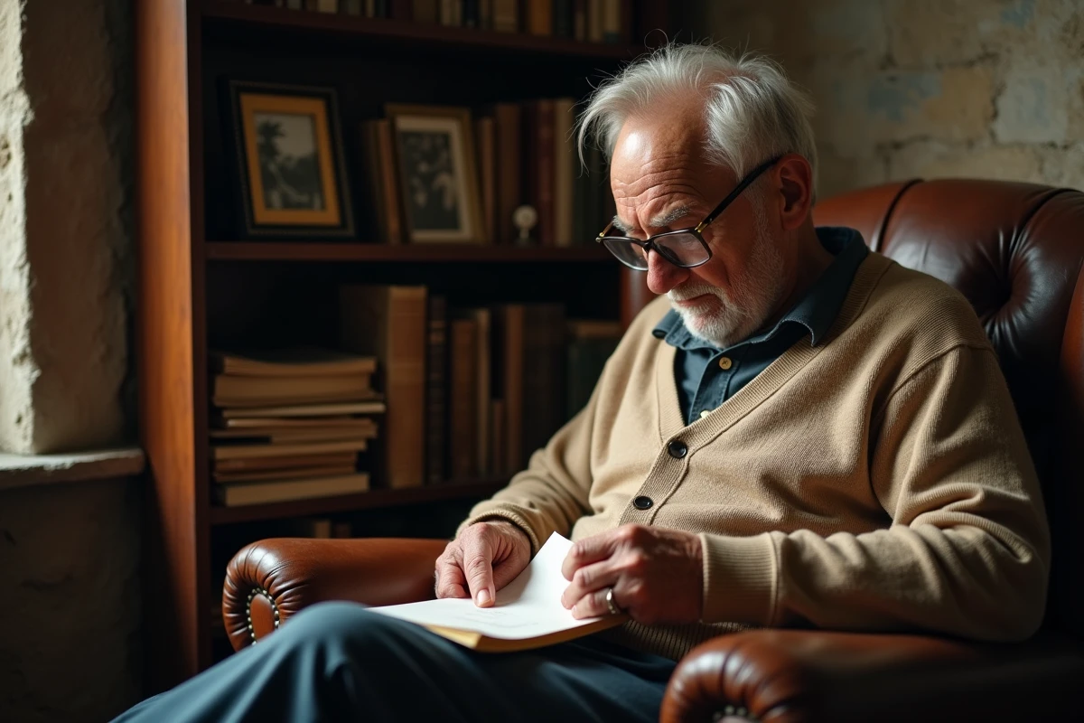 Portrait émouvant d'un père âgé tenant une lettre dans les mains, entouré de souvenirs et de livres anciens, symbolisant un destin familial brisé